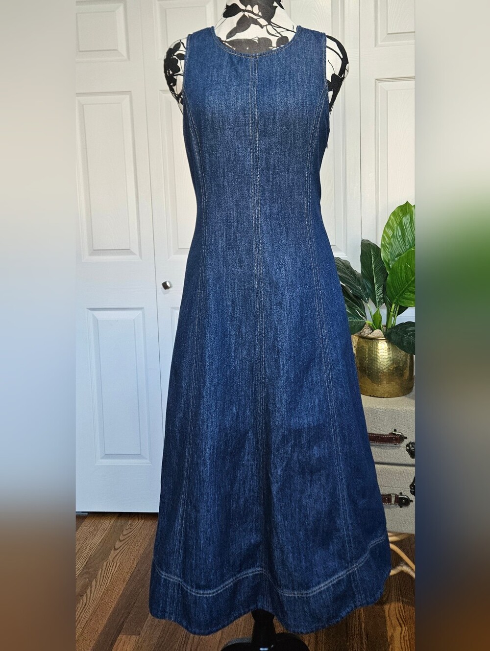 Boden Sleeveless 100% Cotton Denim Dark Wash Paneled A-Line Midi Dress Size 10R